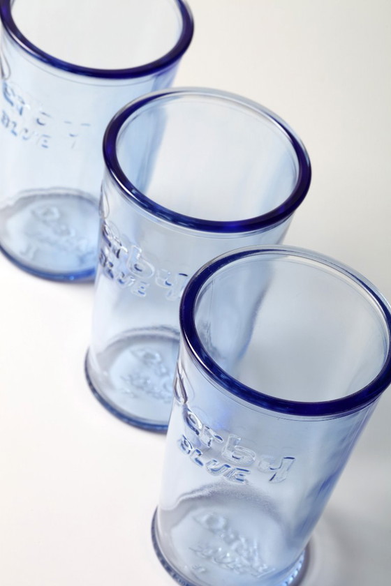 Image 1 of Set van 3 vintage Derby Blue glazen in lichtblauwe kleur / Rastal / Italië / 2001