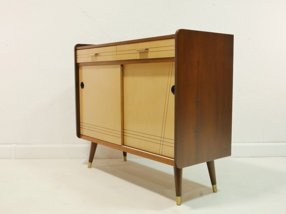 Image 1 of Vintage 1960s shoe cabinet, mid-century shoe chest, mahogany & birch, sliding doors, Germany