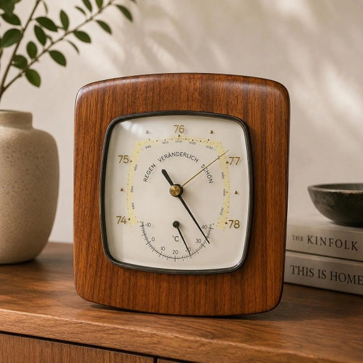 Vintage Mid Century Weather Station 1960s Wooden Barometer Thermometer Wall Unit Danish Modern Teak Look