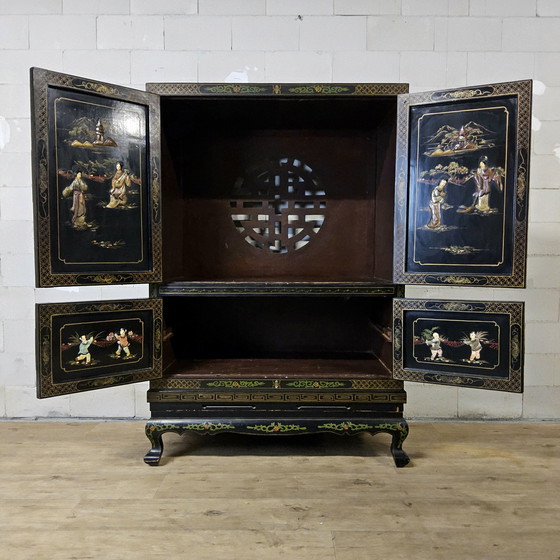 Image 1 of Vintage Chinese Cabinet Black with Hand-Painted Scenes / bohemian cabinet / Asian / Oriental cabinet