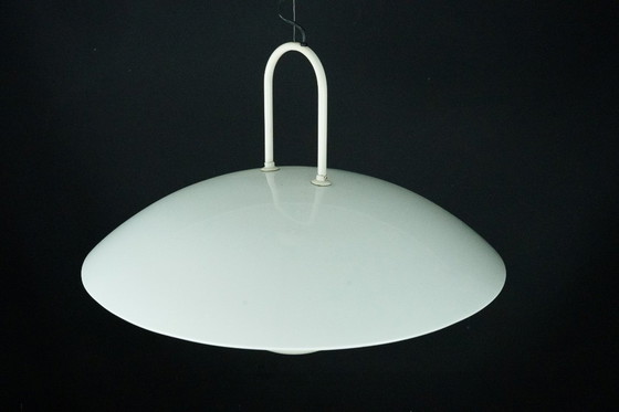 Image 1 of Vintage 1990s White Pendant Lamp with Glass Top Shade. Italy