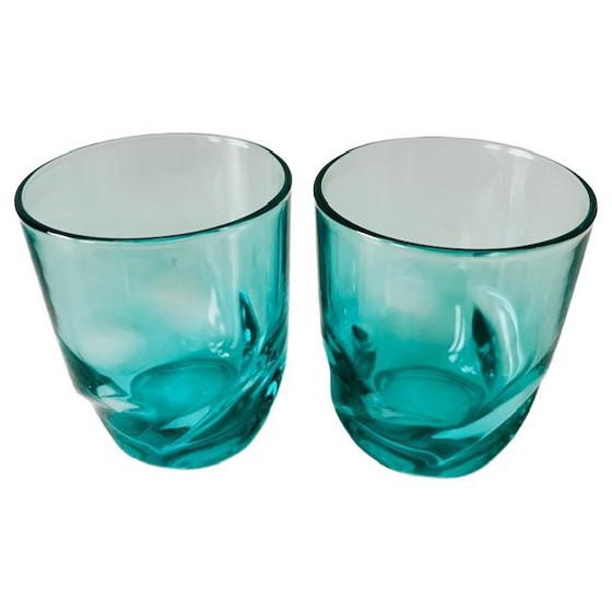 Image 1 of Vintage set 8 gedraaide glazen turquoise blauw Luminarc Arcoroc 1970's