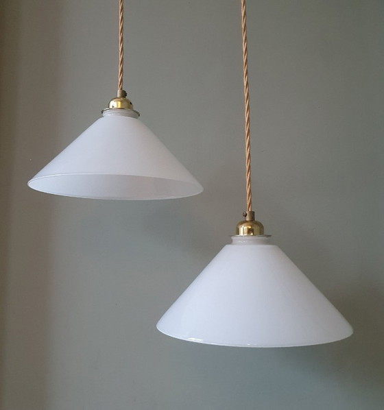 Set Vintage Pendant lamps - Milk glass, banker's lamps. – Metal (photo 4 of 21)