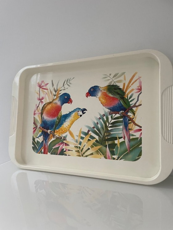 Vintage Emsa dienblad met papegaaien 50 cm, Tafelaccessoires, Kunststof, Meerdere kleuren (foto 11 van 13)