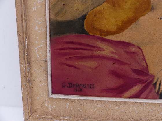 Image 1 of Peinture à l'huile originale représentant un nu féminin aux pivoines, signé G. Desvignes et daté 1944, École française, encadré