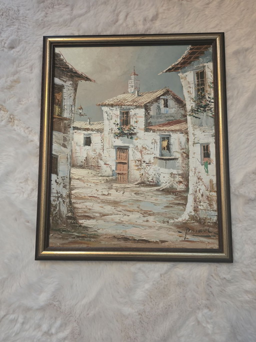 Scène de Village Atmosphérique – Huile sur panneau – Signé 'Pascual' – Cadre en bois classique inclus