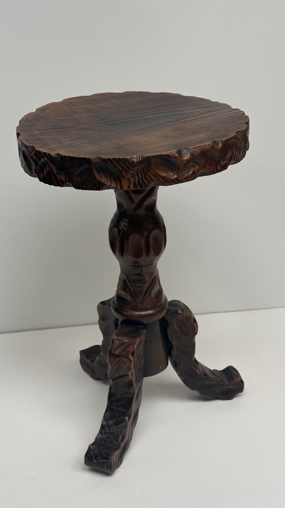 Image 1 of Vintage wooden hand-carved Spanish design side table Brutalist