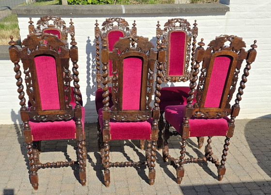 Image 1 of Splendido set di 6 sedie antiche neorinascimentali (stile Mechelen) - Ricche intagliature e velluto