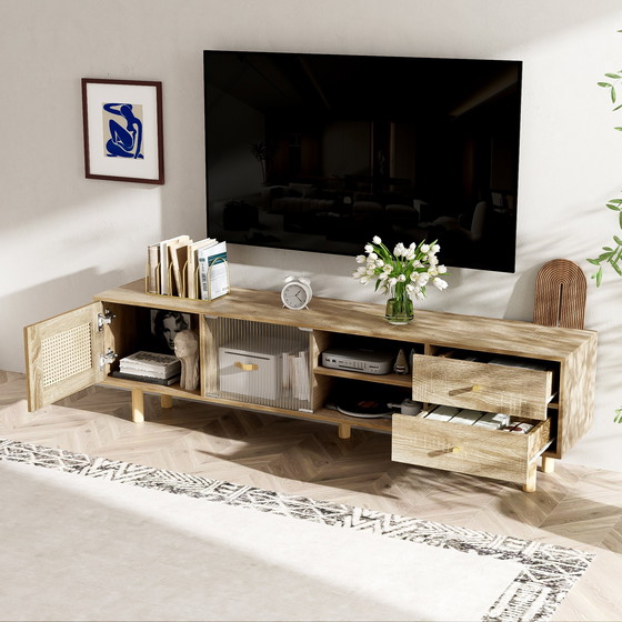 Image 1 of Urban Meuble TV-meubel in houtlook van rotan en glas met lades 172*35*48 cm