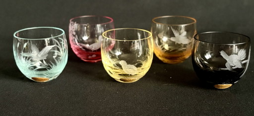 Ensemble de 5 verres à shot Moser Karlsbad « Culbuto » – Rowland Ward « Oiseaux sauvages » – glazen karaffen, Crystal