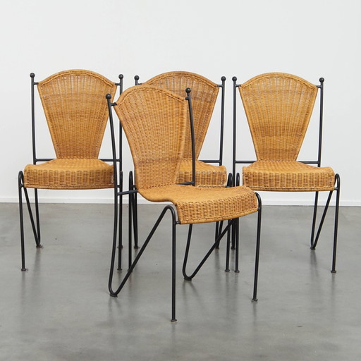 4 x Chaise de salle à manger vintage de Frederick Weinberg en fonte et osier