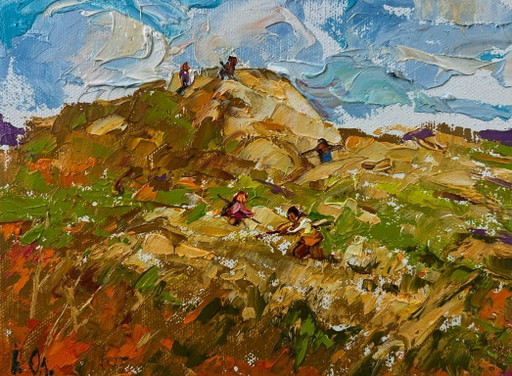 Origineel olieverfschilderij: Zomerlandschap, zachte wind over de hooiberg.