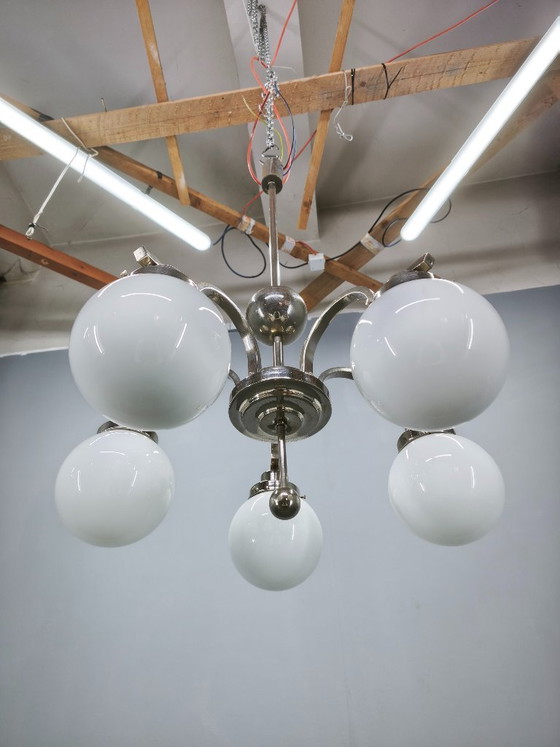 Image 1 of Art Deco Five-Light Chrome Chandelier, Czechoslovakia, 1930s