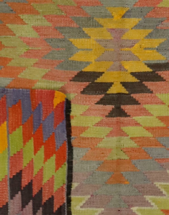 Tappeto Kilim Usak anatolico vintage 294x163 cm – Tessuto a mano in lana con motivo a zigzag colorato (photo 10 of 10)