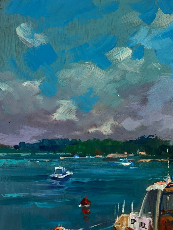 Image 1 of Original Oil Painting Summer Coastal Landscape Old wooden pier leading into the sea