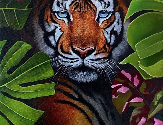 Original Oil Painting Portrait Animal Tiger in the Bushes – Paintings & Drawings, Canvas (photo 7 of 8)