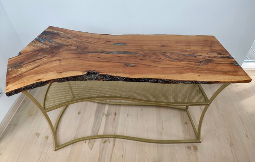 Oro del Perú | Consola exclusiva de madera de manzano con resina luminiscente turquesa y base dorada