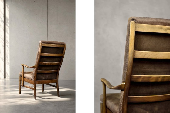 Image 1 of Dänischer Mid-Century Hochsessel aus moderner Buche und braunem Leder von Farstrup Møbler, 1970er Jahre