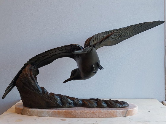 Large Art Deco Sculpture Rochard Seagull Zamak on Marble, polished steel, Brown (photo 10 of 13)