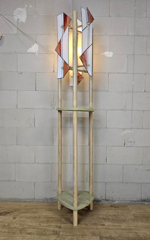 Vintage Handgemaakte japandi glas in lood grenenhout vloerlamp / unieke lamp