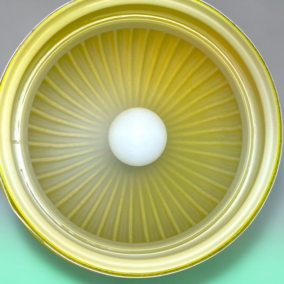 Image 1 of Large Space Age inspired yellow opaline ribbed glass dome hanging light for dining room, 1970s