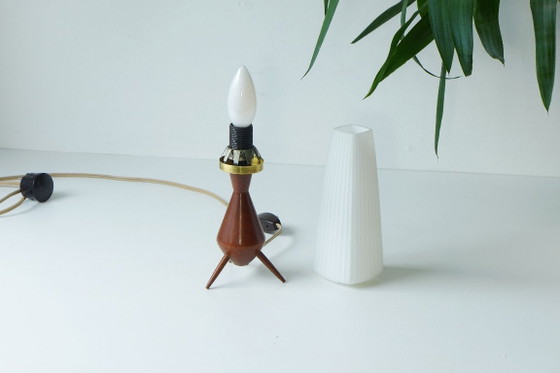 Vintage Tripod Tafellamp Deens Scandinavisch Teak Rocket Lamp jaren 60 70 – Tafellampen, Glass, Wood (photo 4 of 7)
