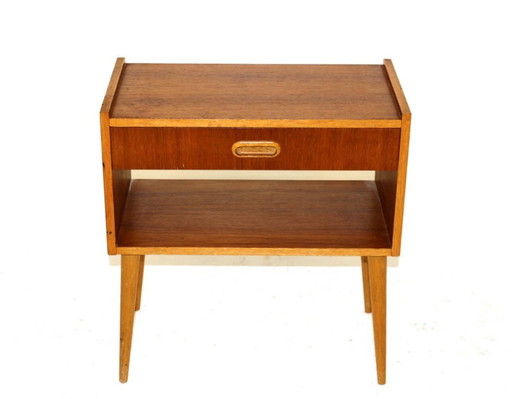 Mesita de noche escandinava de teca y roble, Suecia, 1960