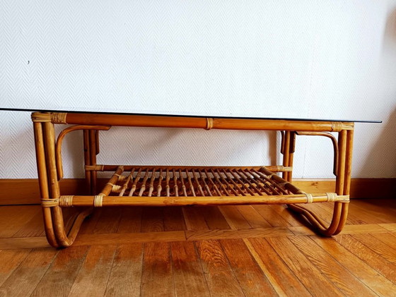 Vintage rotan salontafel uit de jaren 60 – Rattan, Glass (photo 4 of 10)