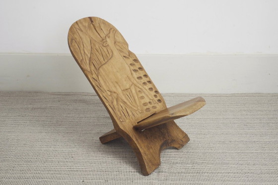 Carved African Hardwood Palaver Chair Low Collapsible Chair Folk Art Deer Carving Vintage Rustic Wooden (photo 3 of 12)