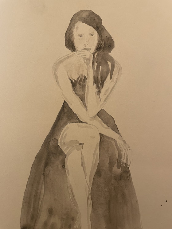 Image 1 of Watercolor Sepia Portrait of a Woman "La Robe Noire" (The Black Dress)