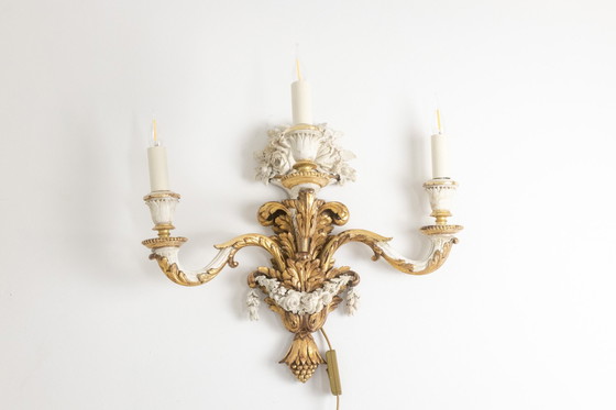 Image 1 of Pair of Louis XVI Style Wall Lights in Gilded and Lacquered Wood. Circa 1900.