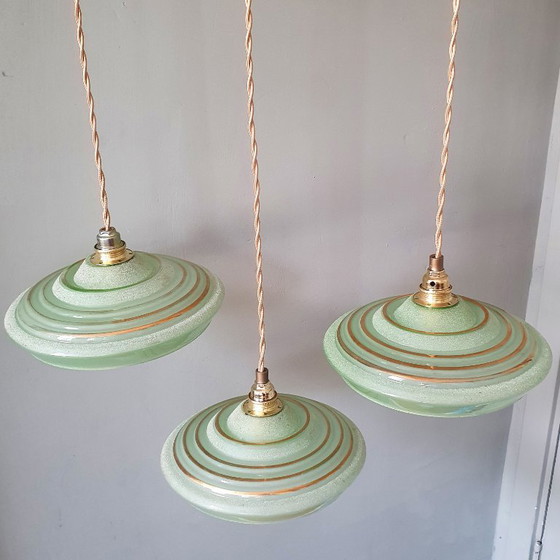 Set of 3 Antique Pendant Lights of Opaline Glass in Green, with Crushed Glass and Gold Decoration (photo 16 of 20)