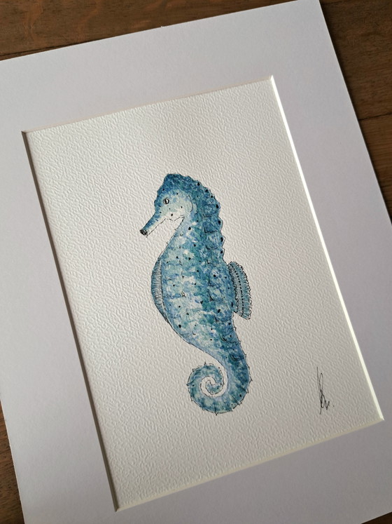 Image 1 of Set of three original nautical watercolors: crab, sardines, seahorse