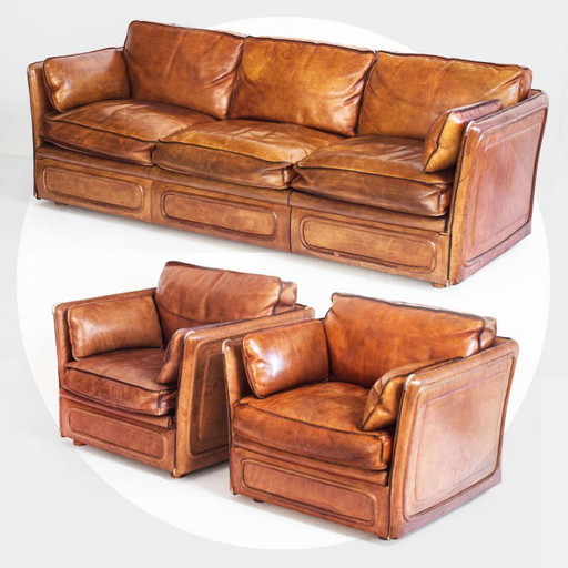 Sofa and two Roche Bobois armchairs. Vintage. Buffalo leather. France 80s. – 3 5 zitsbanken