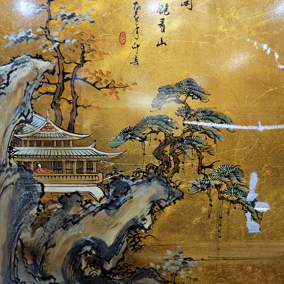 Image 1 of Paesaggio cinese d&#39;epoca con templi (foglia d&#39;oro) Paesaggio cinese d&#39;epoca con templi