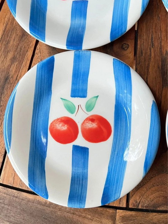 Image 1 of Set of 6 TRECI Italy dessert plates - Hand-painted porcelain vintage cherries