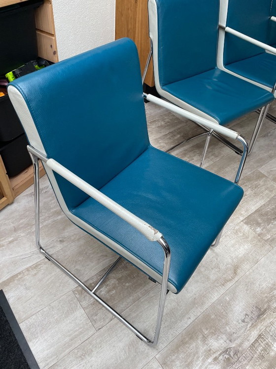 Four chairs, two with armrests, blue and white skai, Leolux, Dining chairs, Chrome, Modern (photo 2 of 7)