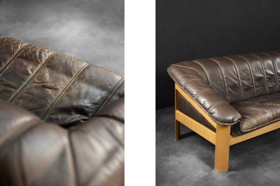 Image 1 of Divano vintage danese a 3 posti in pelle marrone, stile Mid-Century Modern, anni '70