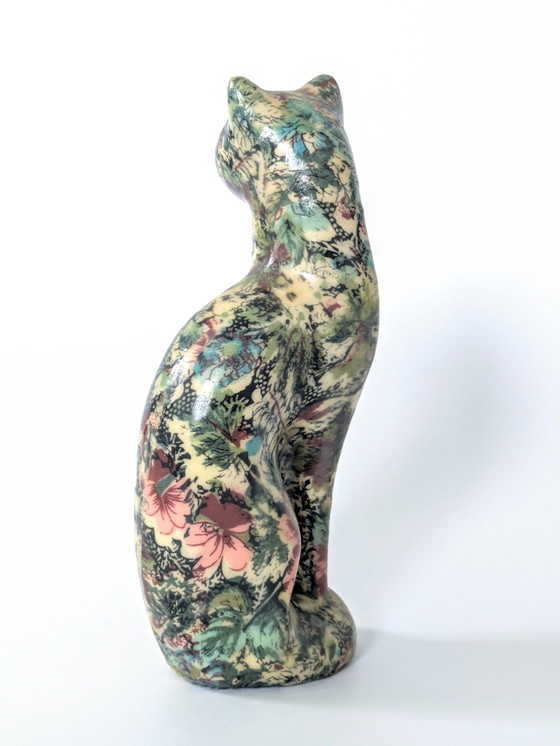 Image 1 of Papier Mâché Cat | Floral Decoupage Figurine | Vintage