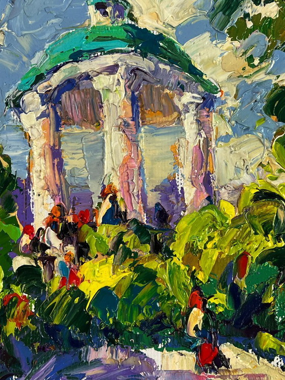 Image 1 of Peinture à l'huile originale représentant un paysage urbain estival dans un parc municipal