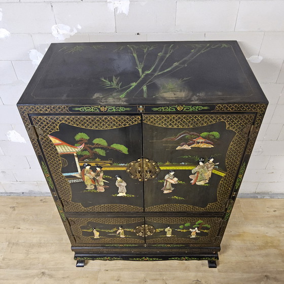 Image 1 of Vintage Chinese Cabinet Black with Hand-Painted Scenes / bohemian cabinet / Asian / Oriental cabinet