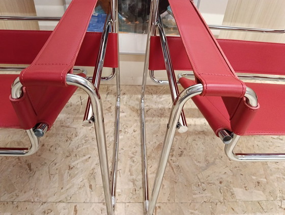 Image 1 of KNOLL Studio Set van 2 WASSILY B3 fauteuils (NIEUW) in rood leer
