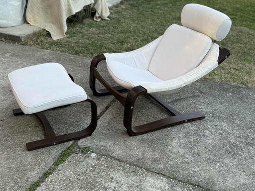 Ensemble de Fauteuil Lounge et Ottoman Vintage Scandinave en Bois Courbé, Années 1970
