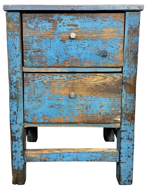 Blauwe industriële houten ladekast, jaren 50