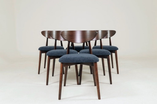 Moderne set van 6 eetkamerstoelen, blauw marine bouclé en donker beukenhout