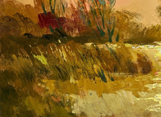 Image 1 of Origineel olieverfschilderij: Herfstboslandschap. Een rustige avond in oranje tinten.