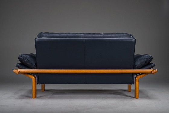 Image 1 of Danish Teak and Navy Blue Leather 2-Seater Sofa from Komfort, 1970s