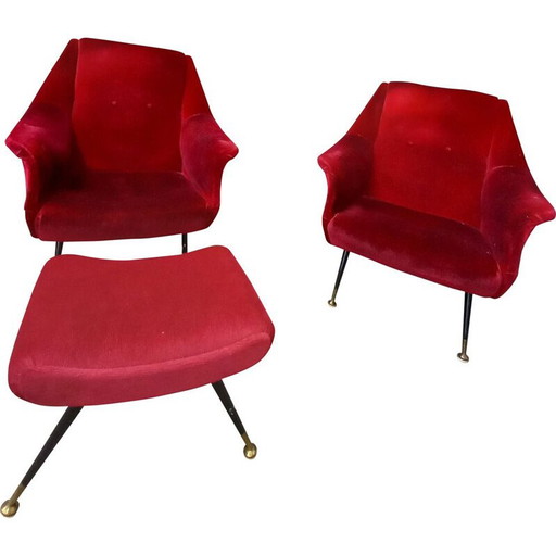 Paire de fauteuils vintage avec ottoman en velours, Italie 1950