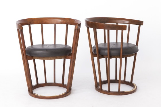Set van 4 vintage fauteuils in tonvorm, jaren 70, Duitse beukenhouten eetkamerstoelen, zwart kunstleer, (photo 7 of 12)