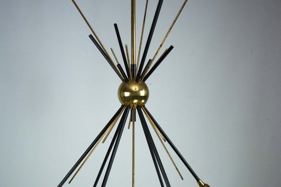 Image 1 of Mid-Century Italian 6-Arm Stilnovo Brass and opaline Glass Chandelier, 1950s